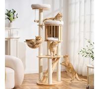 Kicari Modern Solid Wood Cat Tree for Indoor Cats Large Adult, 61.5in Tall Cat Tower with Sisal Scratching Posts, Ladder, Cozy Cat Beds, Semi-Open Cat Condo, Dangling Ball, Multi-Level Cat Furniture