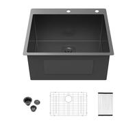 Kichae 25 Inch Black Laundry Sink - 25x22 Kitchen Sink Drop In Utility Sink 12" Deep Sink Topmount Single Bowl Stainless Steel RV Laundry Sinks Handmade with Accessories