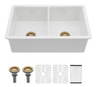 Kichae 32 White Undermount Kitchen Sink Drop In Double Bowl Sink 50/50 | 32x19 Inch Dual Mount Double Bowl Kitchen Sink Fireclay Ceramic Porcelain Two Basin with Roll-up Rack,Bottom Grid,Dold Drain