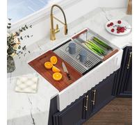 Kichae 33 Double Bowl Farmhouse Sink Reversible Apron Front Workstation | 33" x 20" Fluted Flat Apron Front White Ceramic Porcelain Farm Sinks Single Bowl Kitchen Sink
