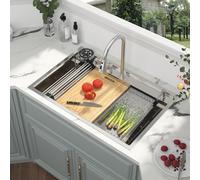 Kichae Drop In Kitchen Sink Waterfall - 33x22 Drop Sink Stainless Steel 16 Gauge Luxury Ledge Workstation Deep Single Bowl Topmount Overmount Sinks Splash Guard Design Handmade Basin