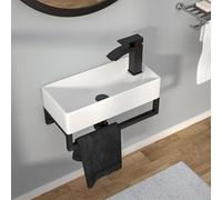 Kichae Wall Mount Sink Small - 17" x 9" Floating Bathroom Sink Rectangle White Porcelain Ceramic Right Hand Sink with Towel Rack
