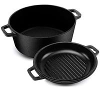 KICHLY 2 in 1 Cast Iron Dutch Oven with Dual Purpose Lid - 4.73 litre Cast Iron Pot with 27 cm Griddle Pan - Pre-seasoned Casserole Dish with Lid, Black