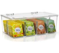 KICHLY Plastic Tea Bag Holder (Pack of 1) Plastic Tea Box Organizer With Lid - 8 Compartments Organizer for Kitchen Countertops, Cabinets, Pantry (Clear)