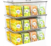 KICHLY Plastic Tea Bag Holder (Pack of 3) Plastic Tea Box Organizer With Lid - 8 Compartments Organizer for Kitchen Countertops, Cabinets, Pantry (Clear)