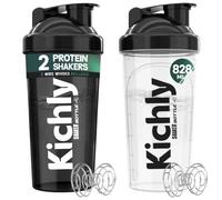 KICHLY Protein Shaker Bottle 2 Pack 828ml with Wire Whisk, Black/Clear | 2x Wire Whisk Protein Powder Shaker Bottle BPA-Free, Protein Shaker with Measurements, Dishwasher Safe