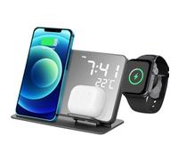 KICHOUSE 4-In-1 Wireless Charger Dock with LED Digital Display Alarm Clock and Temperature Fast Charging Stand Compatible with Phones Smartwatches Earbuds for Desk Use