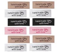 KICHOUSE 80pcs Handmade Double Heart Clothes Collar Labels, Polyester Apparel Tags with Pink, Black, White Chocolate Colors for DIY Sewing Garments