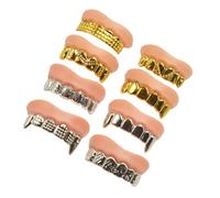 KICHOUSE 8Pcs Halloween Fake Teeth Set, Plated Silver and Gold Zombie False Teeth Props, Novelty for Party Cosplay and Halloween Decorations