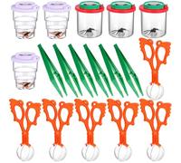 KICHOUSE Catcher Set with 3 Red Green Magnifier Boxes, 3 Purple Extendable Bug Jars, 6 Orange Clamps, 6 Green Tweezers - Science Exploration for Outdoor Nature Observation