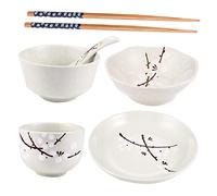 KICHOUSE Japanese Style Ceramic Tableware Set for Single Use, 6 Pcs Includes Bowl, Plate, Cup, Spoon, Chopsticks, Light Grey, Microwave Dishwasher Safe