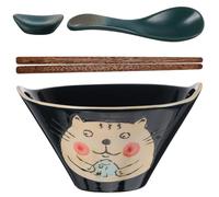 Kichvoe 800ml Ceramic Ramen Bowl Set: 7.68In Porcelain Noodle Bowl with Handle Japanese Style with Wooden Chopsticks Spoon and Chopstick Rest Microwave and Dishwasher Safe for Noodle Soup Salad