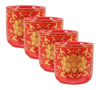 Kichvoe Buddhist Offering Cups Set 4Pcs, Ceramic Temple Water Cups with Gold Rim and Lotus Pattern, 1.77 Inch Red Bowls for Ritual Worship and Home Decor