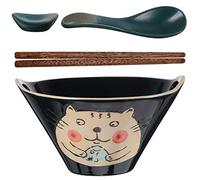 Kichvoe Ceramic Ramen Bowl Set 7.68In Porcelain Noodle Bowl with Handle Japanese Style Soup with Wooden Chopsticks Spoon and Cat Chopstick Rest Microwave and Dishwasher Safe for Noodle Soup Salad