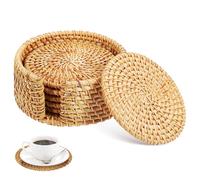 Kichvoe Rattan Coasters Set of 6 with Holder 3.94 Inch Round Woven Cup Coasters for Table Protection Heat Resistant Boho Home and Kitchen Drinks Coasters