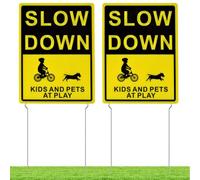 Kichwit Slow Down Kids and Pets at Play Yard Signs with Metal Stakes, 16 x 12 Inches/25.7 Inch High, 2 Pack Double Sided Children at Play Safety Signs for Street
