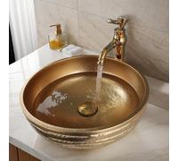 kiciykc Gold Hand Carved Round Ceramic Vessel Basin with Vintage Gold Faucet and Pop-Up Drain for Bathroom and Cloakroom - Countertop Sink, 400x400x155mm