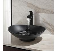 kiciykc Oval Black Stone Resin Countertop Bathroom Vessel Sink with Tap and Pop-Up Waste Modern Bathroom Basin for Vanity, 406mm x 305mm