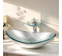 kiciykc Silver Glass Bathroom Sinks 540mm x 350mm x 165mm | Bowl Sink for Bathroom,Oval Wash Basin Sink,Countertop Sink with Tap and Pop-Up Waste Set
