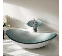 kiciykc Silver Tempered Glass Vessel Sink for Bathroom Oval Countertop Basin with Chrome Mixer Tap & Pop-Up Waste, Glass Wash Basin for Vanity Units and Cloakrooms 560mm x 350mm