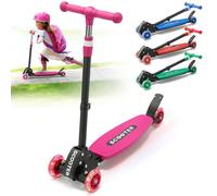Kick Scooter for Kids 3-12 Ages - Light Up 3 Wheel Scooters,Lean-to-Steer,Three Adjustable Height Scooter for Kids, Wide Dual Rear Wheels,Safe Stable Ride for Girl Boy Child - Pink