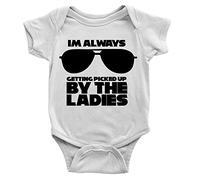 Kickass Tees Always Getting Picked Up Babygrow 0-3m White Baby Boy Funny Joke Cheeky Gift New Born