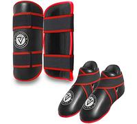 Kickboxing Taekwondo karate competition/sparring foot pads and shin pads set (Black, Large/adult shoes 8-10 yrs)