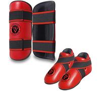Kickboxing Taekwondo karate competition/sparring foot pads and shin pads set (Red, Medium/adult shoes 6-7)