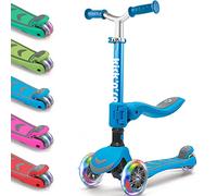 Kicknroll Kids Scooter with Removable Seat & Flashing LED Lights, Foldable Kick Scooter for Boys Girls Ages 3-8, 4 Levels Adjustable Height, Safe Lean to Steer, 3 Wheel Scooters for Kids - Blue