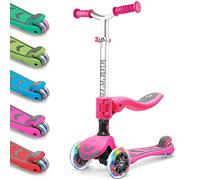 Kicknroll Kids Scooter with Removable Seat & Flashing LED Lights, Foldable Kick Scooter for Boys Girls Ages 3-8, 4 Levels Adjustable Height, Safe Lean to Steer, 3 Wheel Scooters for Kids - Pink