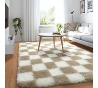 KICMOR 3x5 Small Beige and White Area Rug for Bedroom, Fluffy Fuzzy Plush Shag Shaggy Checkered Rugs, Soft Furry Bedside Rug Living Room Throw Carpet, Anti-Slip Accent Rug Runner for Girls Boys Room