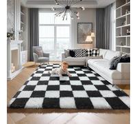 KICMOR 5x7 Rug for Living Room Bedroom, Fluffy Black and White Area Rug Fuzzy Shaggy Floor Carpets, Big Large Soft Plush Checkered Rugs for Kids Girls Boys Room Dorm Nursery, Home Decor Aesthetic