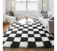 KICMOR 5x8 Area Rug for Living Room, Black and White Fluffy Shag Fuzzy Plush Soft Checkered Rugs for Bedroom, Big Large Shaggy Rug Floor Carpets for Kids Teen Dorm Home Decor Aesthetic, Boys Room