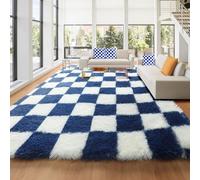 KICMOR 8x10 Area Rugs for Living Room, Large Fluffy Soft Checkered Shag Shaggy Bedroom Carpet, Navy Blue and Cream White Big Fuzzy Plush Rug for Kids Boys Girls Dorm Nursery Home Decor Aesthetic