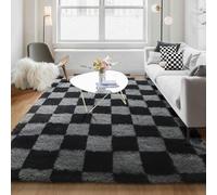 KICMOR Checkered Rugs for Living Room 5x8 Black and Grey, Fluffy Fuzzy Plush Soft Shag Area Rug, Large Big Shaggy Floor Carpets Geometric Rug for Bed Room Kids Boys Home Decor Aesthetic, Playroom