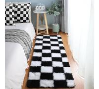 KICMOR Fluffy Soft Runner Rug for Bedroom Living Room, 2x6 Black and White Checkered Rugs Fuzzy Plush Shaggy Bedside Carpet, Non Slip Long Rug for Kids Girls Boys Room Nursery Home Decor Aesthetic