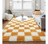 KICMOR Soft Fluffy 5x8 Orange and Cream White Rugs Living Room Carpets, Large Fuzzy Checkered Shag Area Rug Big Carpet for Bedroom, Indoor Plush Shaggy Rug for Nursery Teen Boys Girls Room Decor
