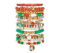 Kicomvi Christmas Bracelet Clay Bead Bracelets Stackable Xmas Jingle Bells Pearl Bracelets Festive Bracelets, elastic, clay, no gemstone