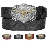 Kicoroiny Leather Western Belts for Woman Men, Cowboy Cowgirl Country Belt with Floral Engraved, Bull Decoration Buckles Belt for Jeans Women Mens Birthday Gifts