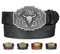 Kicoroiny Leather Western Belts for Woman Men, Cowboy Cowgirl Country Belt with Floral Engraved, Bull Decoration Buckles Belt for Jeans Women Mens Birthday Gifts