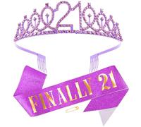 KICOSY 21st Birthday Crowns and Sashes for Women, Princess Tiara Sash Set Elegant Purple Crown with Combs for Girls, 21st Birthday Decorations for Her Party Hair Accessories Gifts