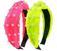 KICOSY 2pcs Neon Knotted Headbands with Pearl Decor, Neon Pink & Yellow Headbands for Women, 80s 90s Retro Hair Accessories for Glow Parties, Festivals & Daily Fashion