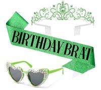 KICOSY 3PCS Green Birthday Brat Set - Sash, Sunglasses & Crown for Birthday Party, Photo Shoots & Outings