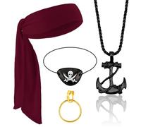 KICOSY Pirate Accessories for Men Women Pirate Costume Set: Eye Patch, Bandana, Necklace, Earrings Pirates Costume Adult Red Hat Bag Beads Scarf Outfit Headband Halloween Cosplay Party Favors