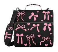 KICPOAY Bows Hearts Pink Black Zipper Binder with Shoulder Strap Trapper Keeper 3 Ring Binder Organizer Large Capacity Multiple Compartments for School Office
