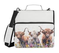 KICPOAY Watercolor Highland Cows Flowers Zipper Binder with Shoulder Strap Trapper Keeper 3 Ring Binder Organizer Large Capacity Multiple Compartments for School Office