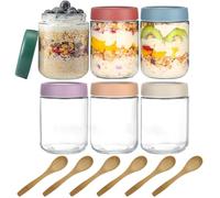 KICPUK 6 Pcs 500ml Overnight Oats Jar With Spoon, Airtight Leak-Proof Mason Jars, Reusable Multifunctional Glass Storage Jars for Pickling, Spices, Salads, Yogurt & Chia Pudding