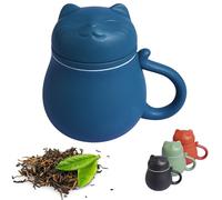 Kicura Ceramic Tea Cup, 400 ml, Complete Set with Lid & Strainer, Cat Face Design, For Loose Leaves & Herbs, Practical Gift for Family, Blue