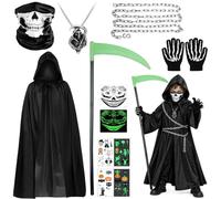 Kid Adult Halloween Grim Reaper Fancy Dress Costume, Multiple Size 75-160cm | Includes Hooded Cloak, Skull Mask, Light-up Stickers, Scythe, Gloves,Boy Cosplay Halloween Events Horror Themes Outfit