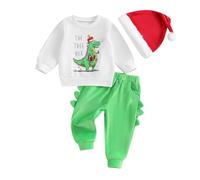 Kid Baby 3Pcs Christmas Outfits Boys Girls Clothes Set Dinosaur&Letters Print Long Sleeve Sweatshirts+Green Sweatpants+Santa Hat (Green, 2-3 Years)